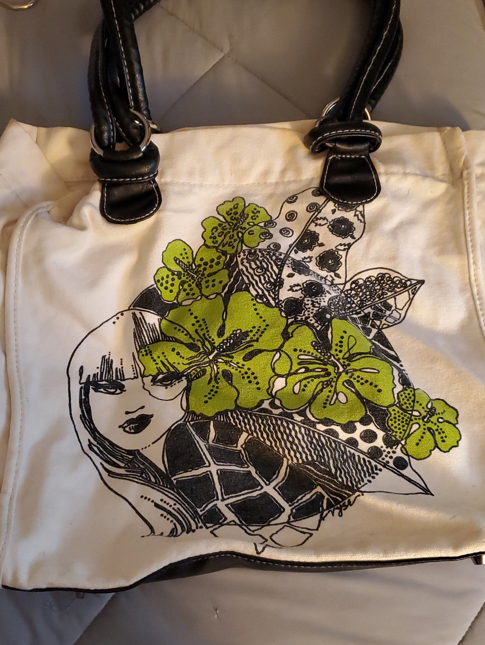 Canvas Tote Bag with Green Floral Art